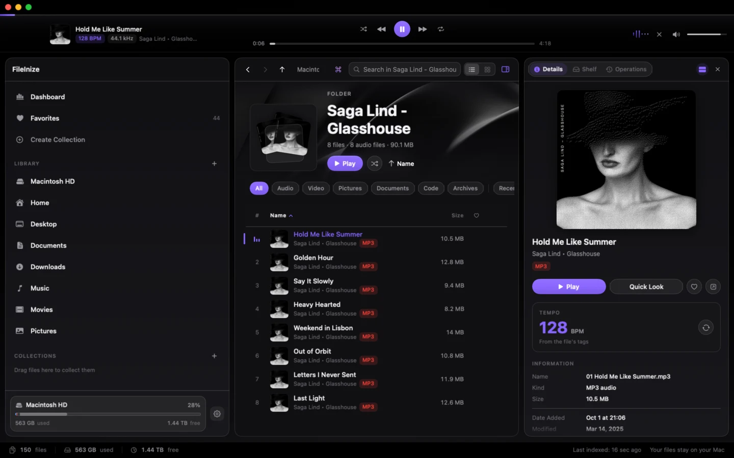 FileInize with an album open, a track playing in the deck and its tempo in the details panel.