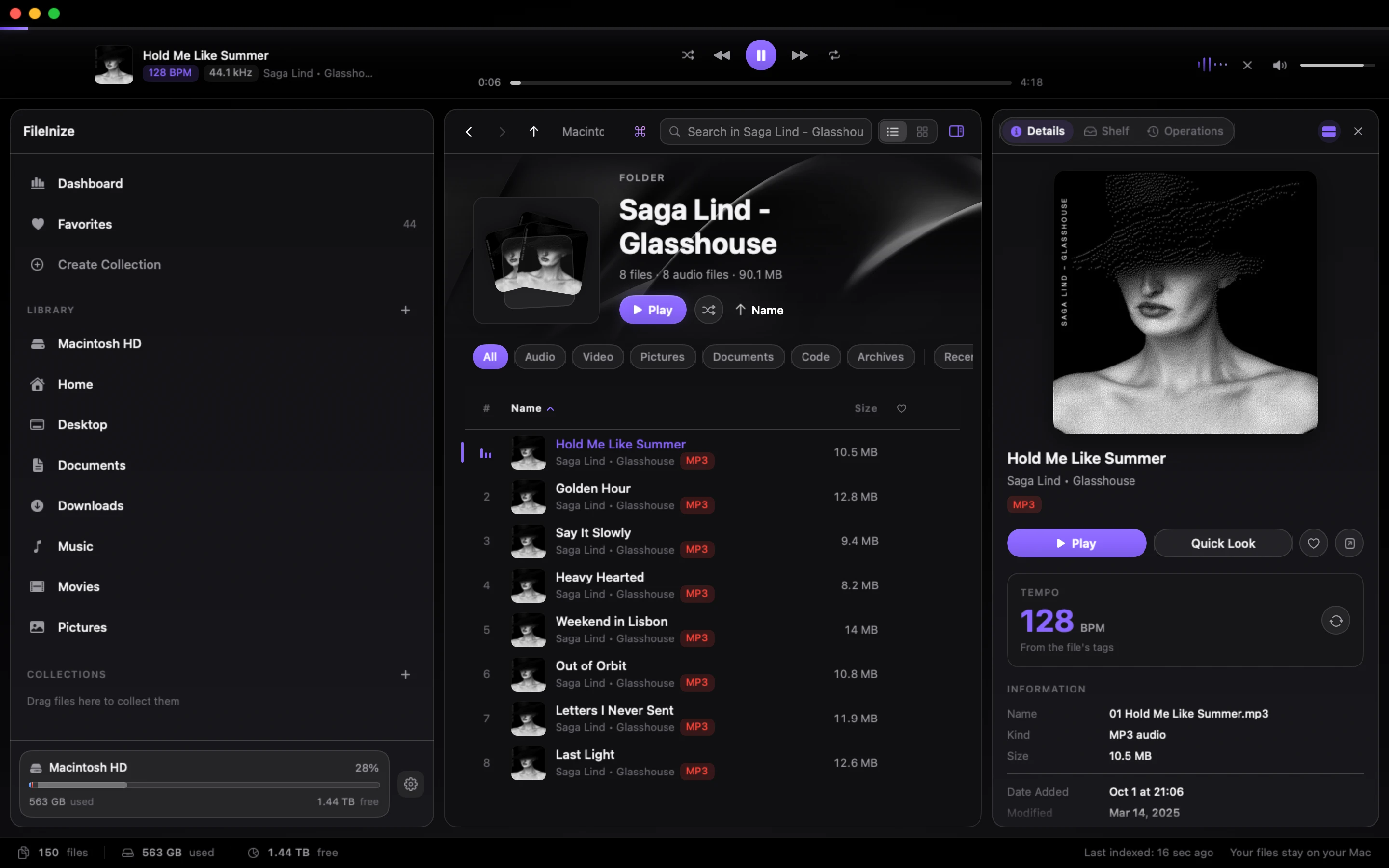FileInize with an album open, a track playing in the deck and its tempo in the details panel.