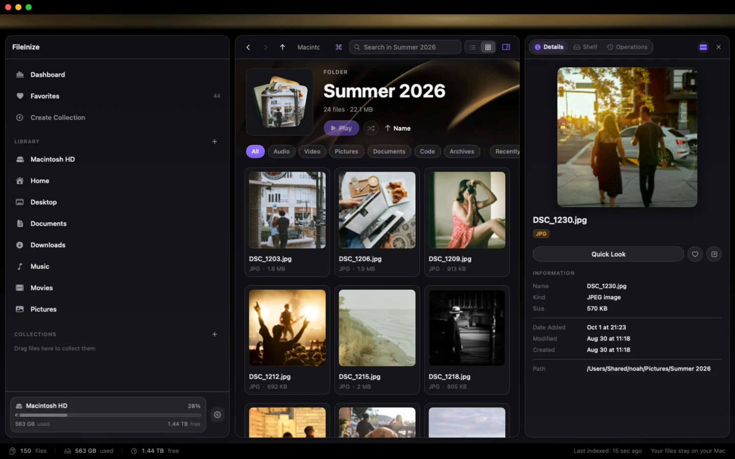 FileInize showing a folder of photographs as thumbnails, with one open in the details panel.